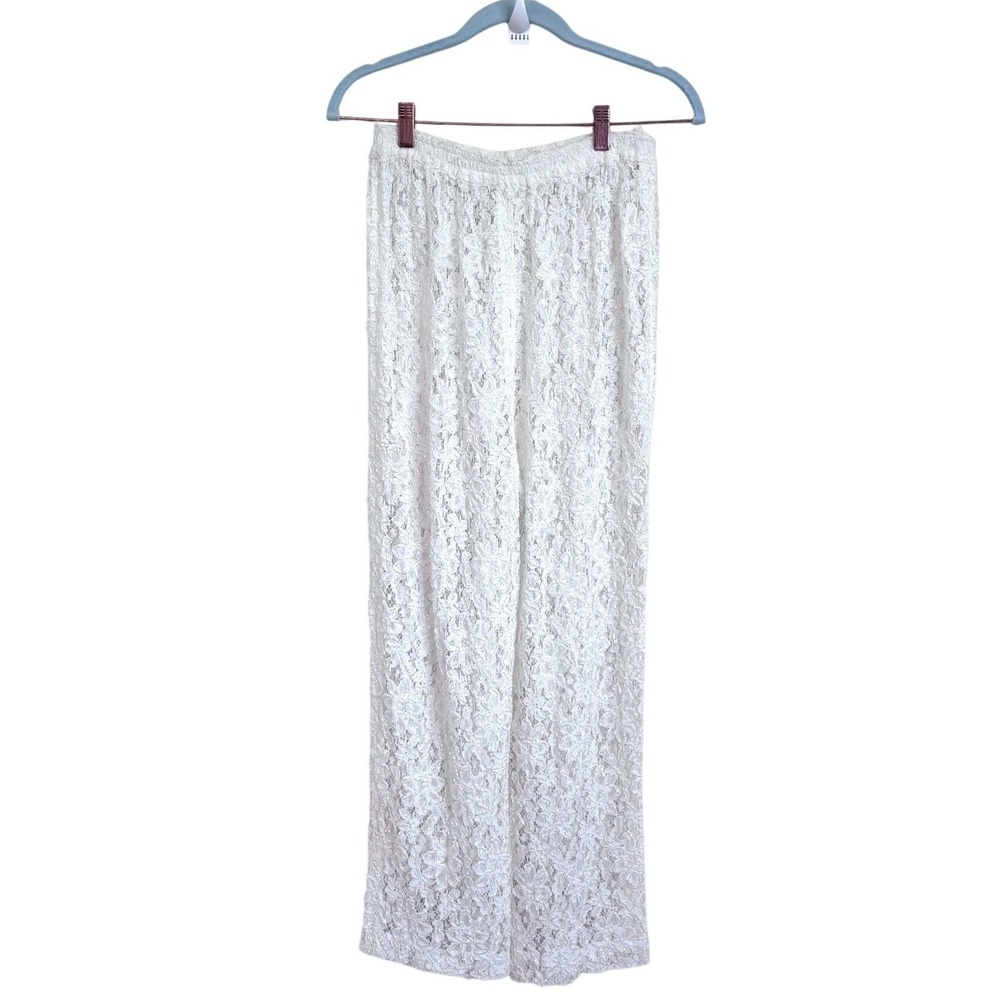 Vintage Womens Y2K Beaded Lace Pants Small White Romantic Sheer Wide Leg Boho